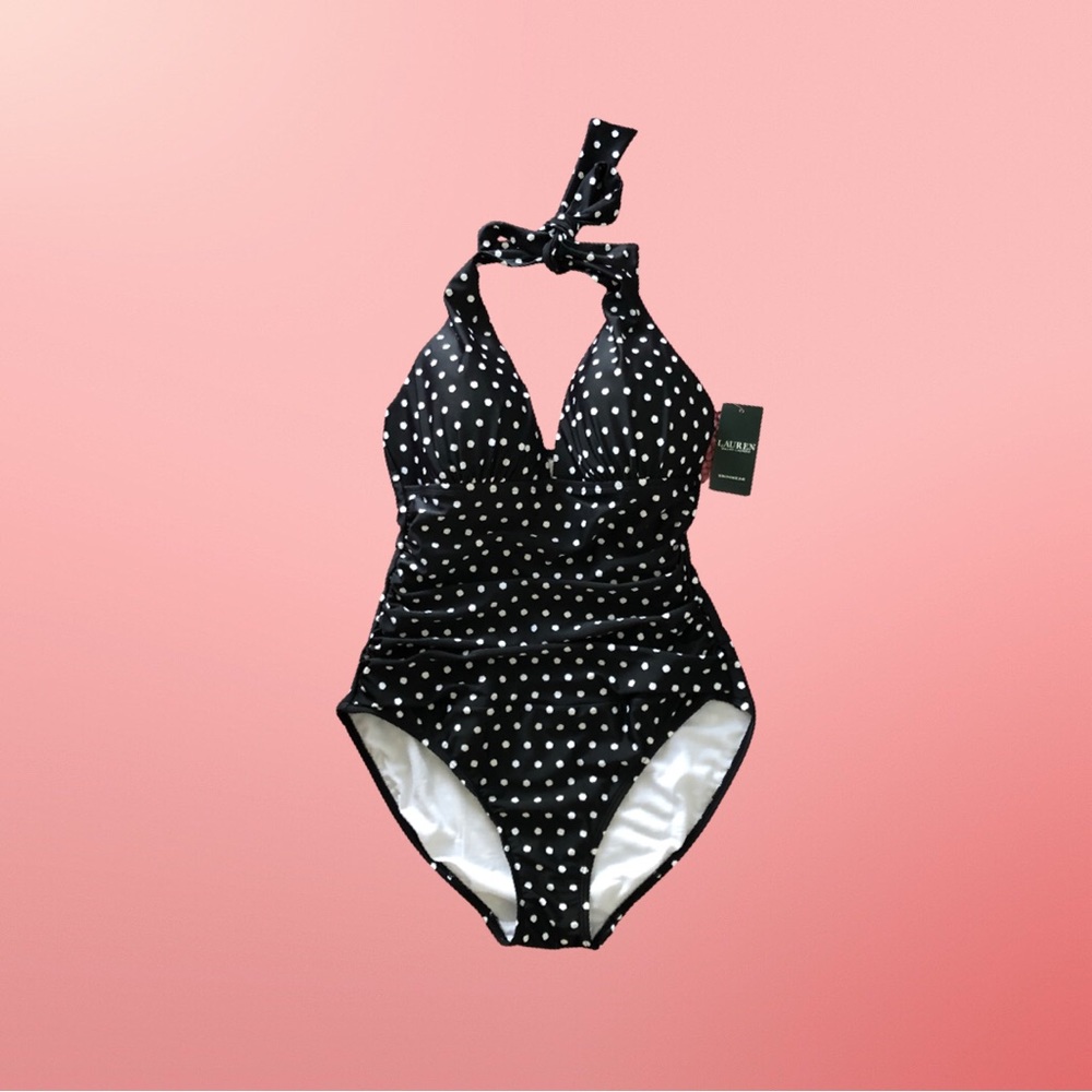 🆕 LAUREN by RALPH LAUREN Black and White Polka Dot One Piece Swimsuit
